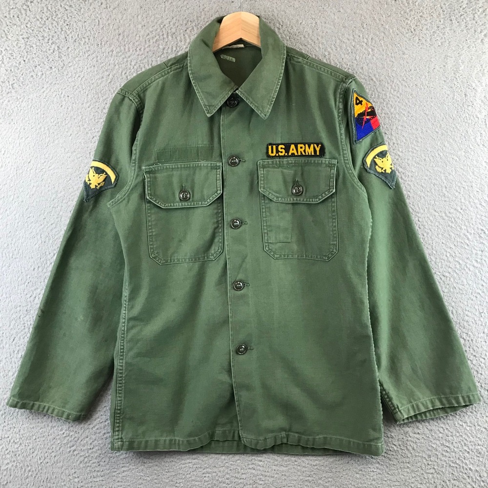 Vintage 60s 70s Vietnam War Era US Army Military Shirt Green OG 107 With Patches